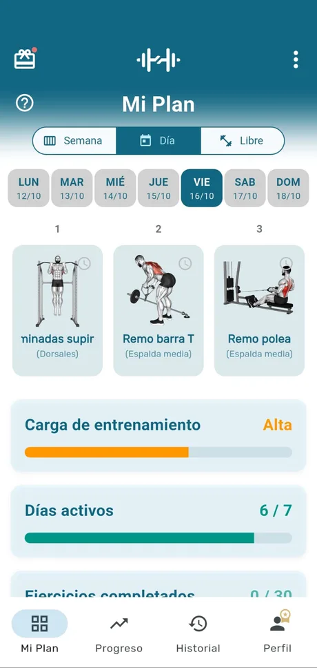Pantalla «Mi Plan · Día» de la app myRoutine