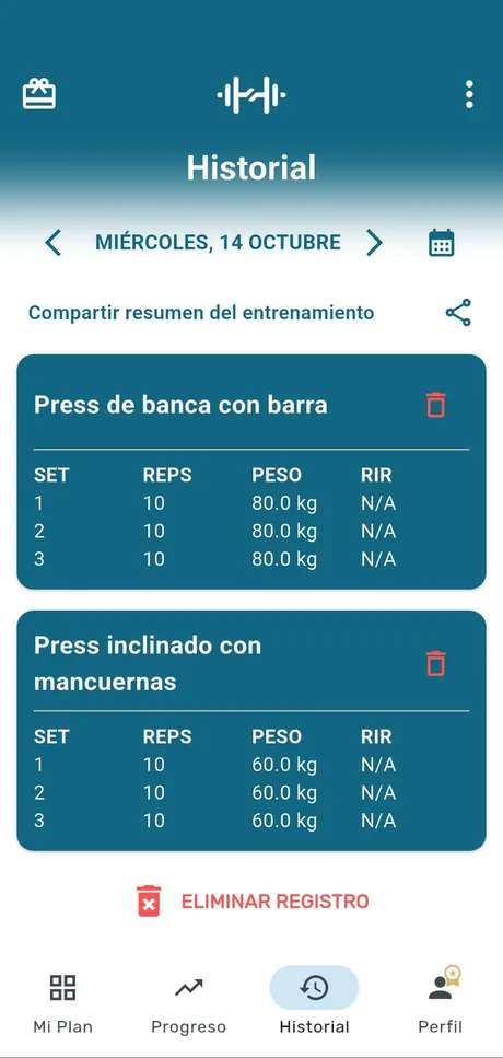 Pantalla «Historial» de la app myRoutine