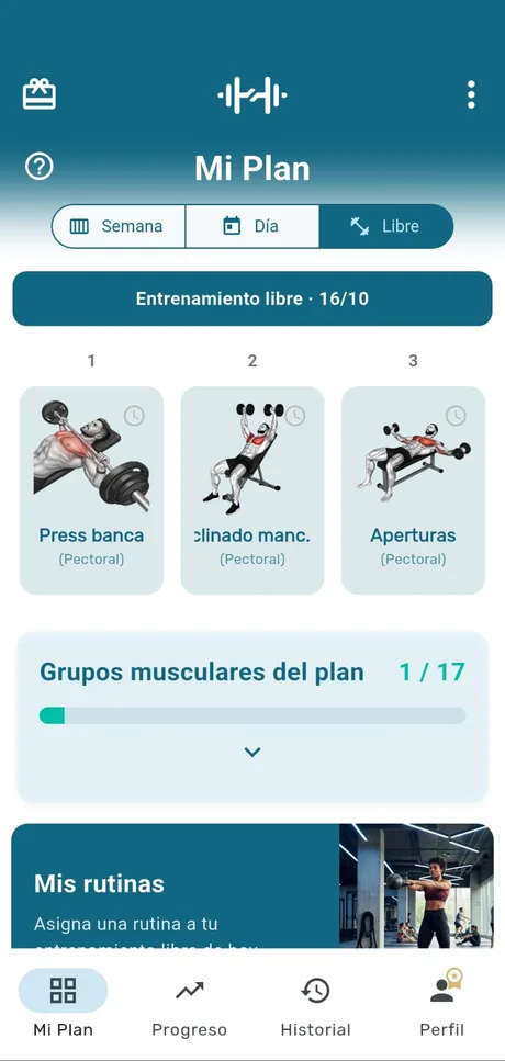 Pantalla «Entrenamiento libre» de la app myRoutine