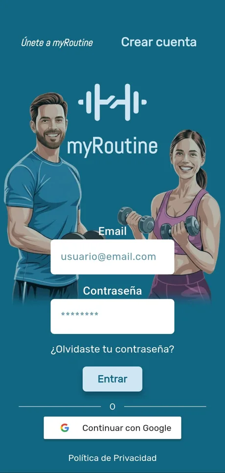 Pantalla «Inicio de sesión» de la app myRoutine