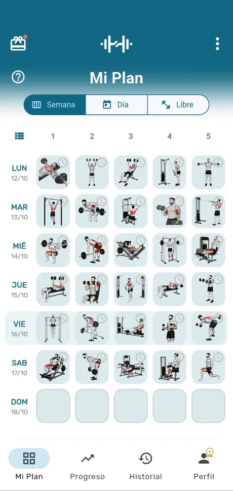 Pantalla «Mi Plan · Semana» de la app myRoutine